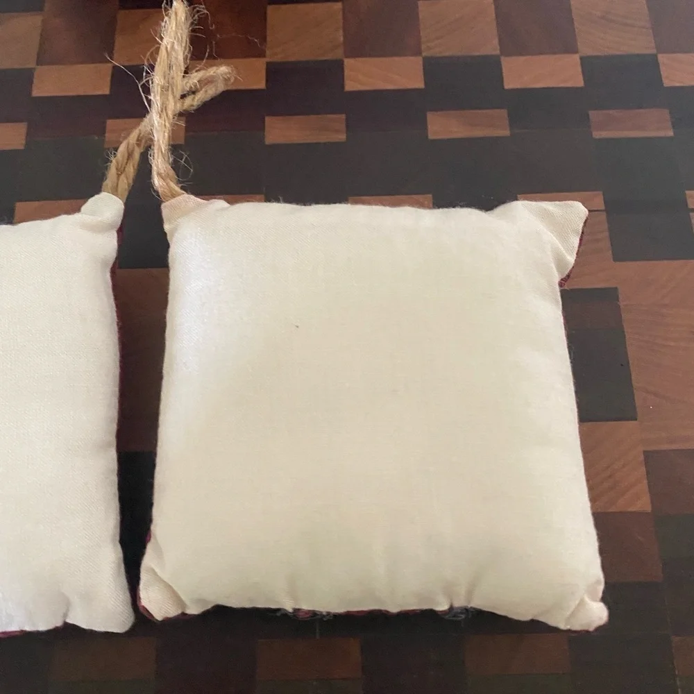 Set Of 2 Vintage Quilted Pillow Plaid Peace Bear and Snowman Ornaments 6”x 6”